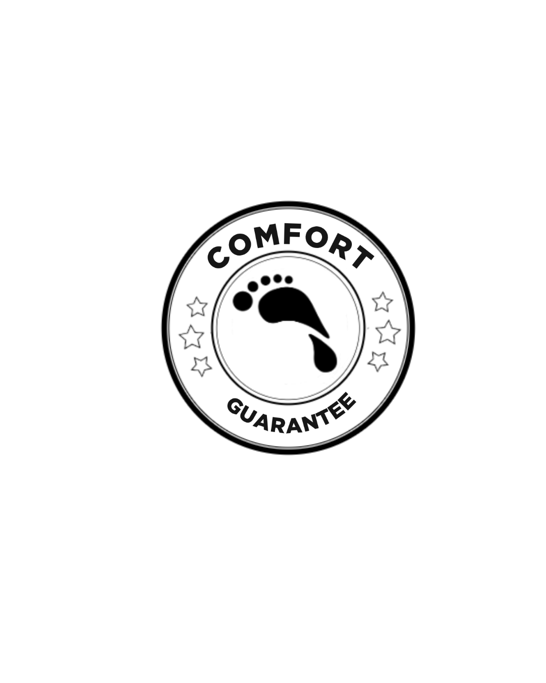 A circular black and white graphic seal with the words 'COMFORT GUARANTEE' and a black footprint icon in the center, surrounded by small outlined stars on a plain white background.